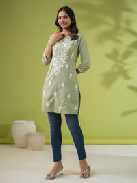 Thumbnail for Janasya Regular Cambric Sage Embroidered Round Neck Tunic