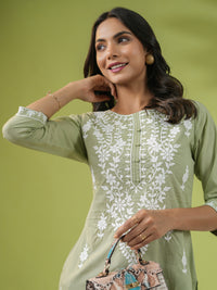Thumbnail for Janasya Regular Cambric Sage Embroidered Round Neck Tunic