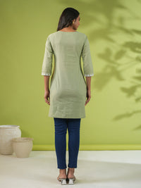 Thumbnail for Janasya Regular Cambric Sage Embroidered Round Neck Tunic