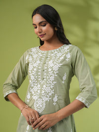 Thumbnail for Janasya Regular Cambric Sage Embroidered Round Neck Tunic