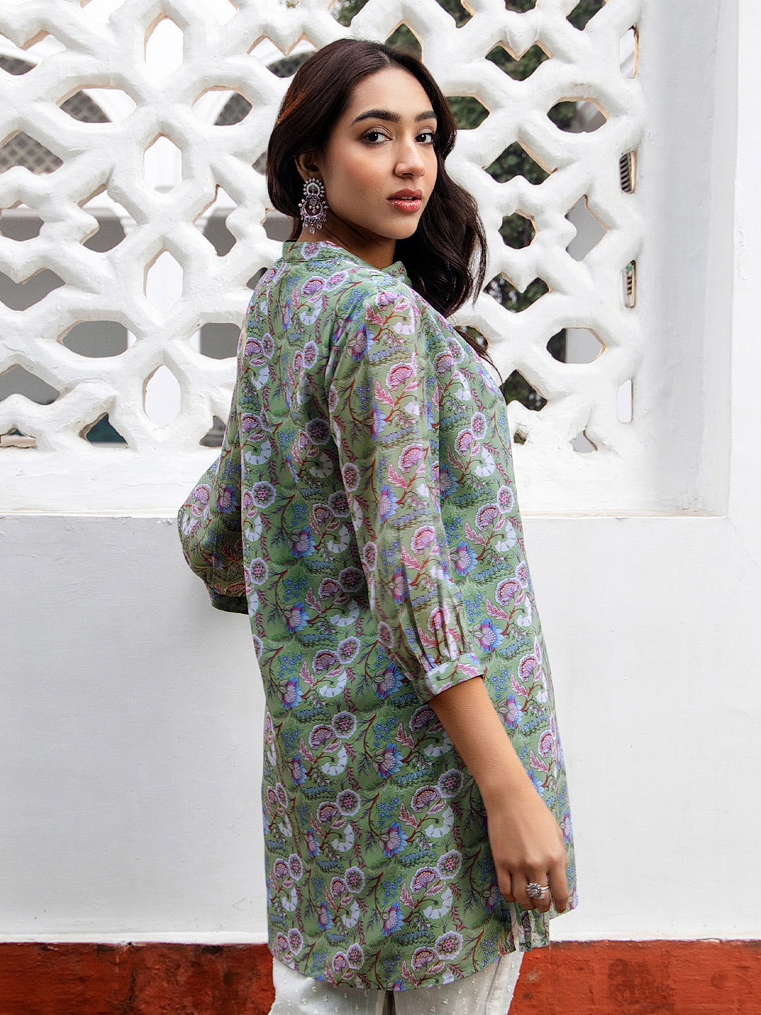 Janasya Regular Weightless Georgette Sage Floral Band Collar Tunic - Distacart