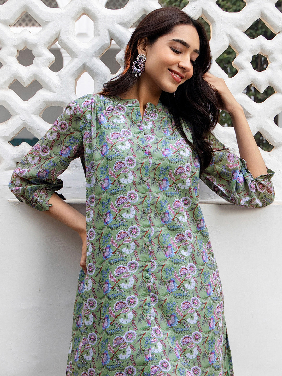 Janasya Regular Weightless Georgette Sage Floral Band Collar Tunic - Distacart