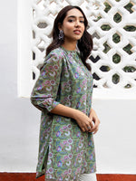 Thumbnail for Janasya Regular Weightless Georgette Sage Floral Band Collar Tunic - Distacart
