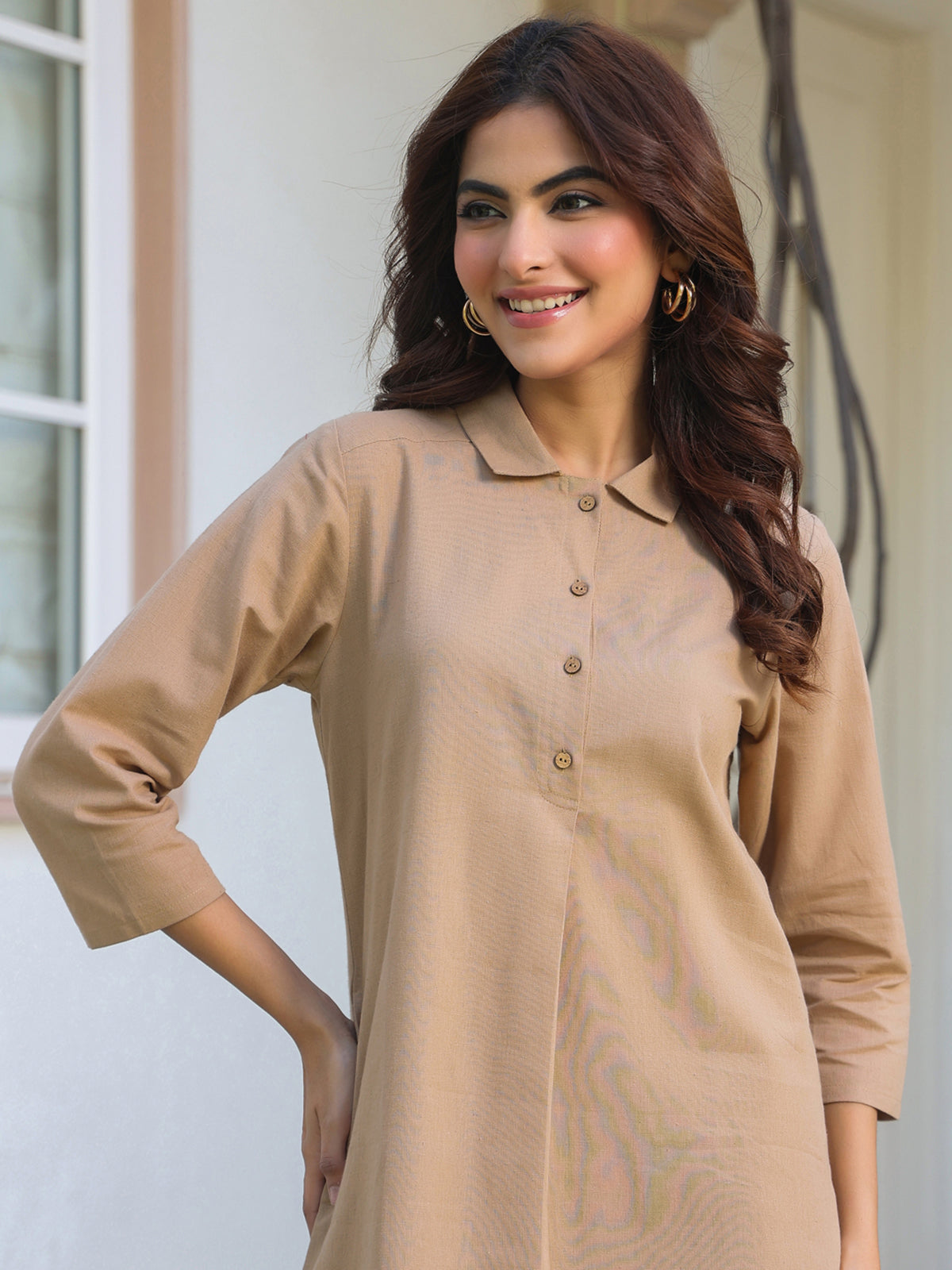 Janasya Dark Cotton Solid A-Line Top & Bottom Set