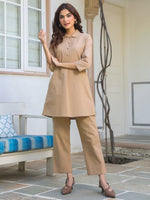 Thumbnail for Janasya Dark Cotton Solid A-Line Top & Bottom Set