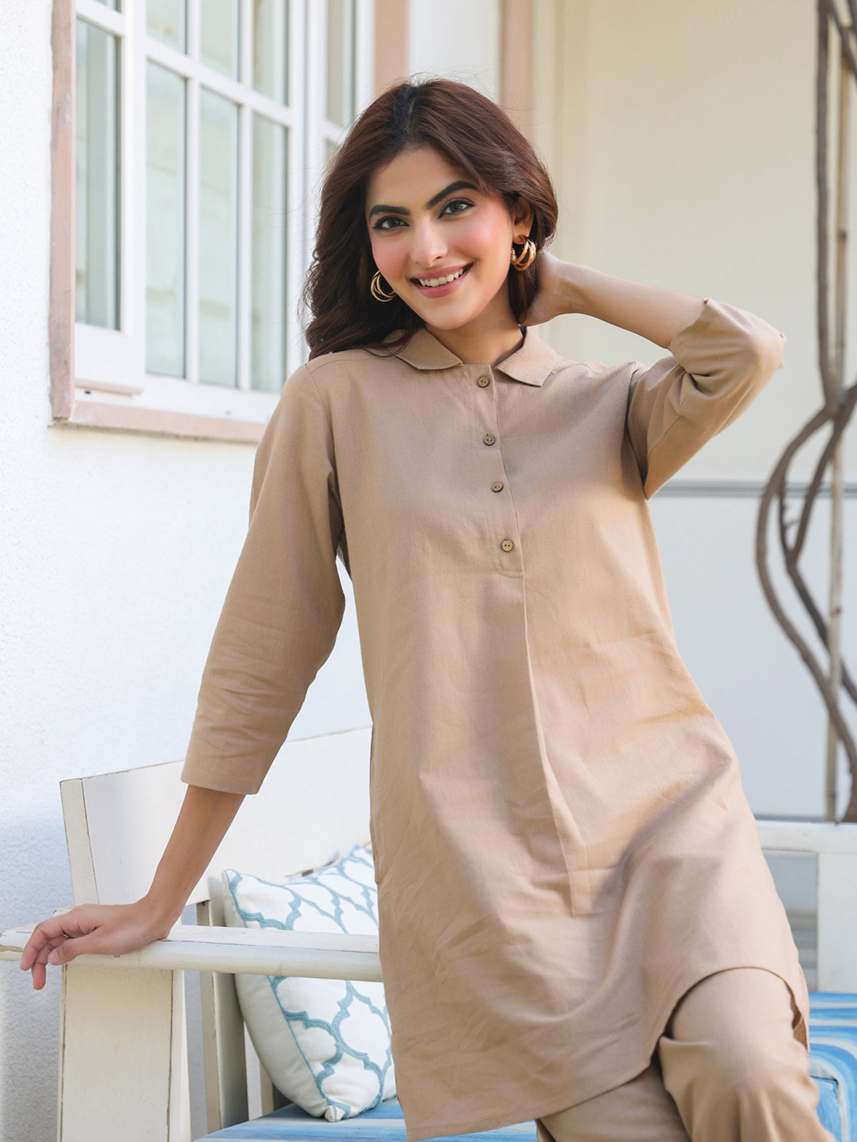 Janasya Dark Cotton Solid A-Line Top & Bottom Set