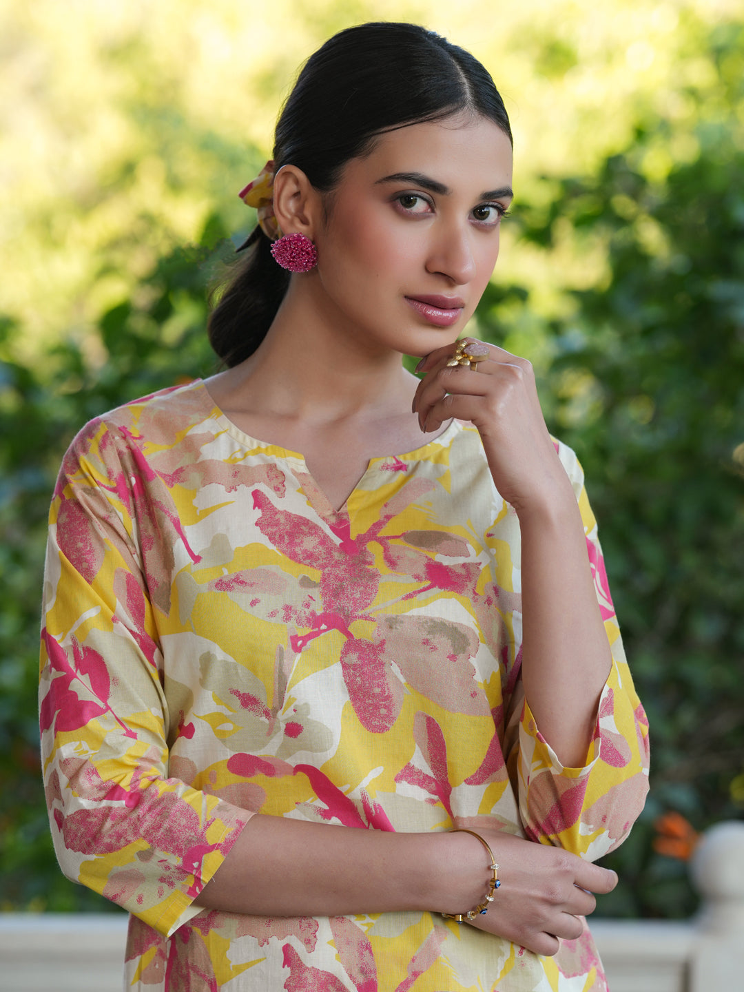 Janasya Bright Cotton Floral Straight Top & Bottom Set