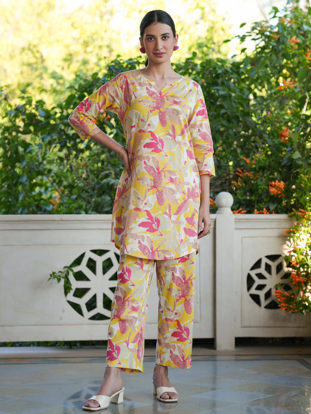 Janasya Bright Cotton Floral Straight Top & Bottom Set