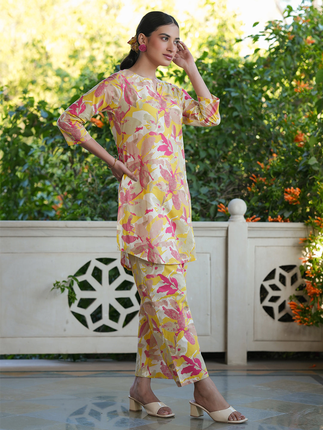 Janasya Bright Cotton Floral Straight Top & Bottom Set