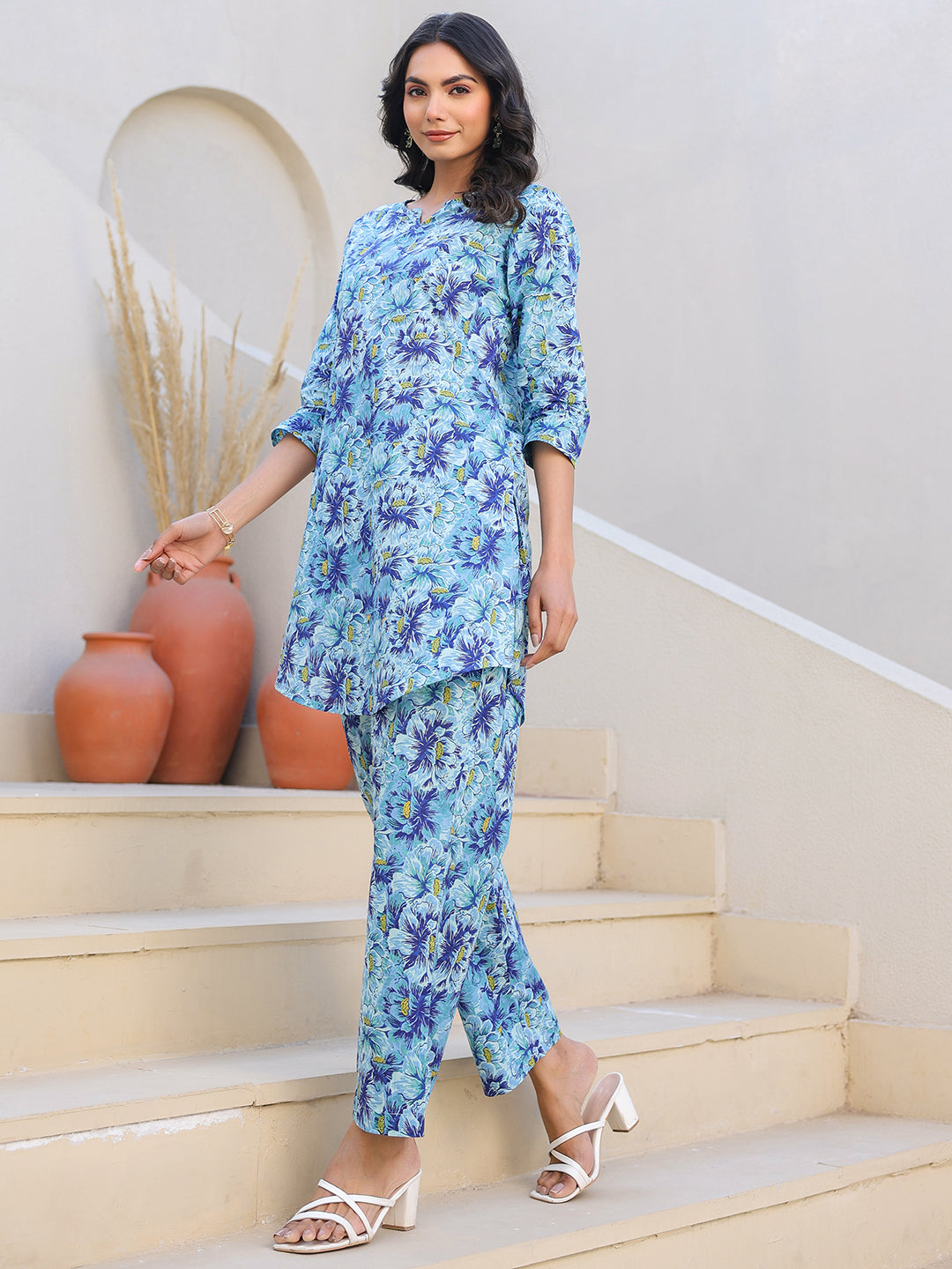 Janasya Bright Cotton Floral Straight Top & Bottom Set