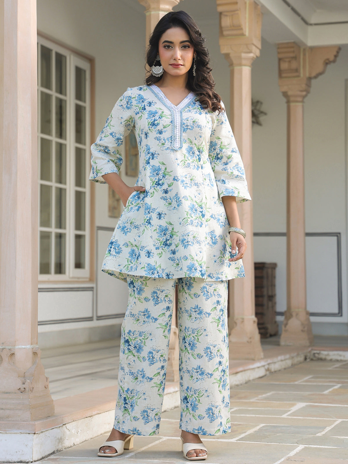 Janasya Light Cotton Yoke Embroidery A-Line Top & Bottom Set