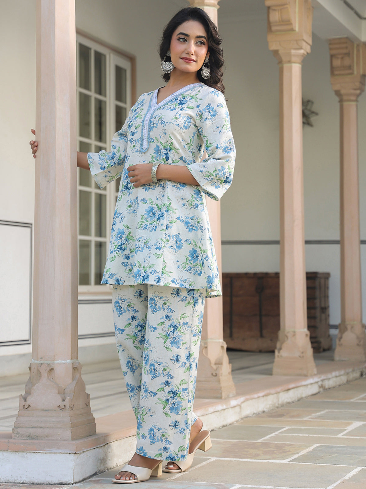 Janasya Light Cotton Yoke Embroidery A-Line Top & Bottom Set