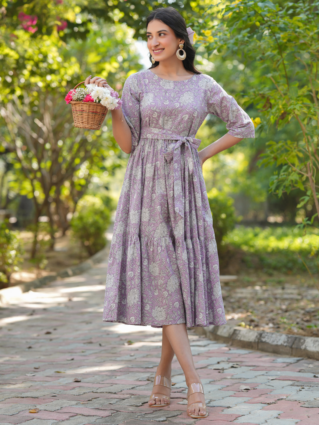 Janasya Light Cotton Floral Tiered Dress