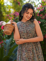 Thumbnail for Janasya Dark Cotton Paisley A-Line Dress