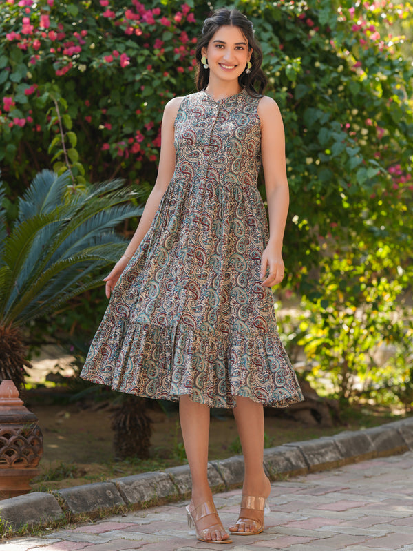 Janasya Dark Cotton Paisley A-Line Dress