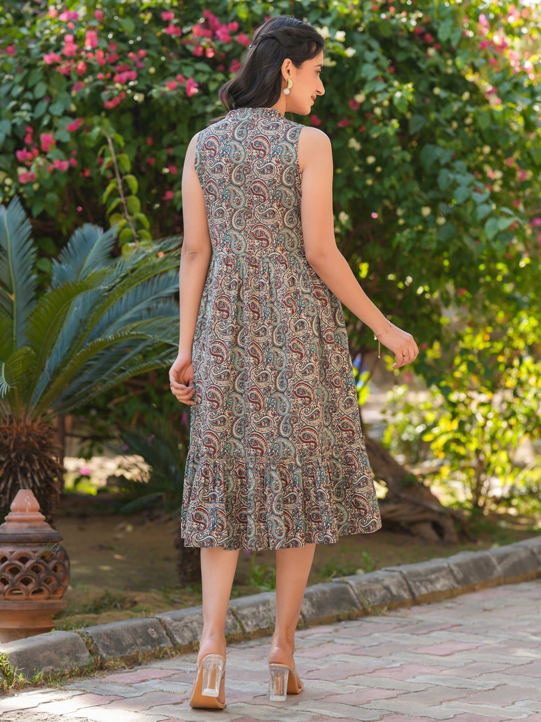 Janasya Dark Cotton Paisley A-Line Dress