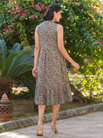 Thumbnail for Janasya Dark Cotton Paisley A-Line Dress