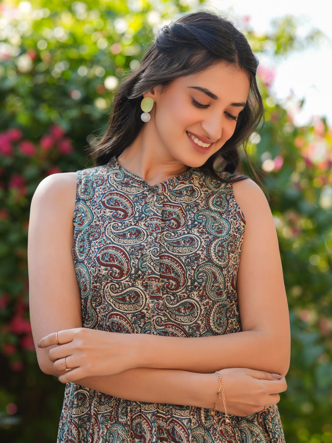 Janasya Dark Cotton Paisley A-Line Dress