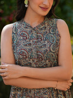 Thumbnail for Janasya Dark Cotton Paisley A-Line Dress