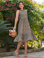 Thumbnail for Janasya Dark Cotton Paisley A-Line Dress