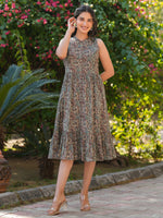 Thumbnail for Janasya Dark Cotton Paisley A-Line Dress