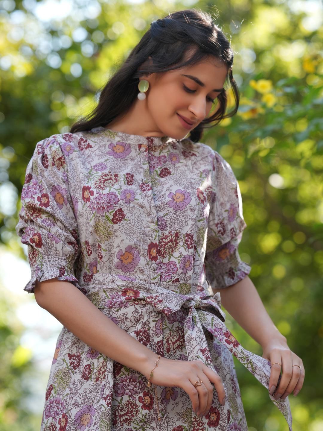 Janasya Dark Cotton Floral A-Line Dress