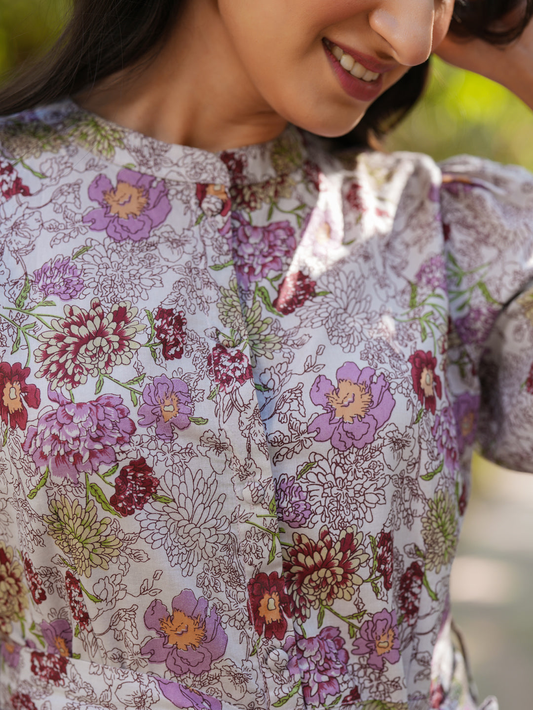 Janasya Dark Cotton Floral A-Line Dress