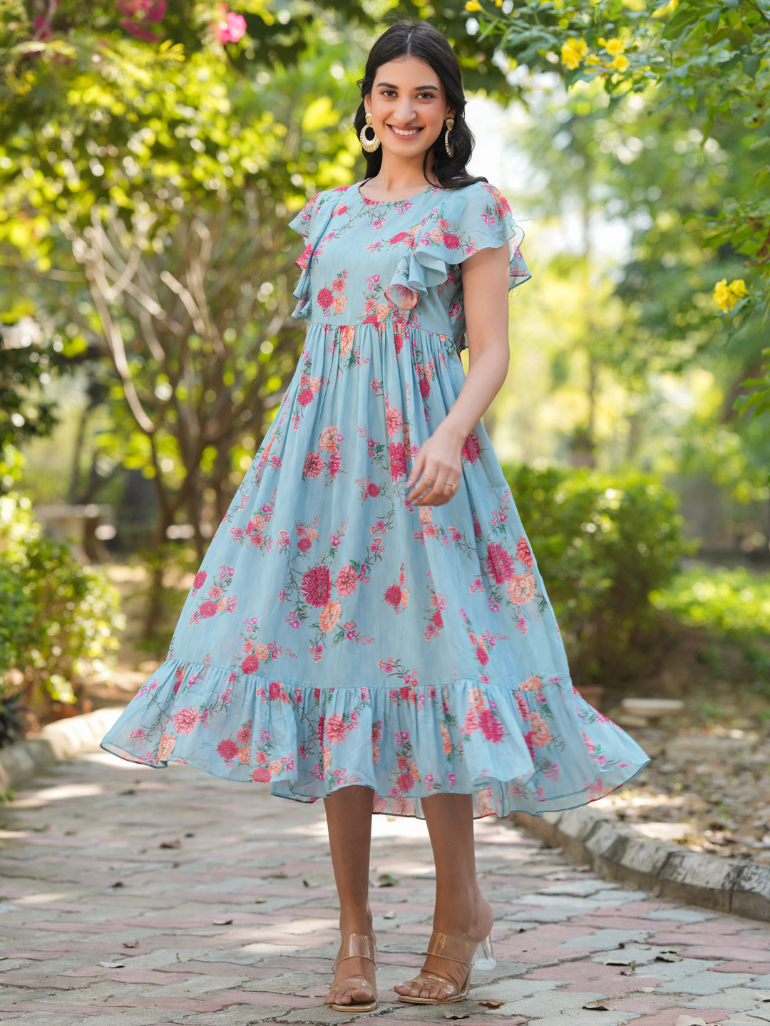 Janasya Bright Georgette Floral Tiered Dress