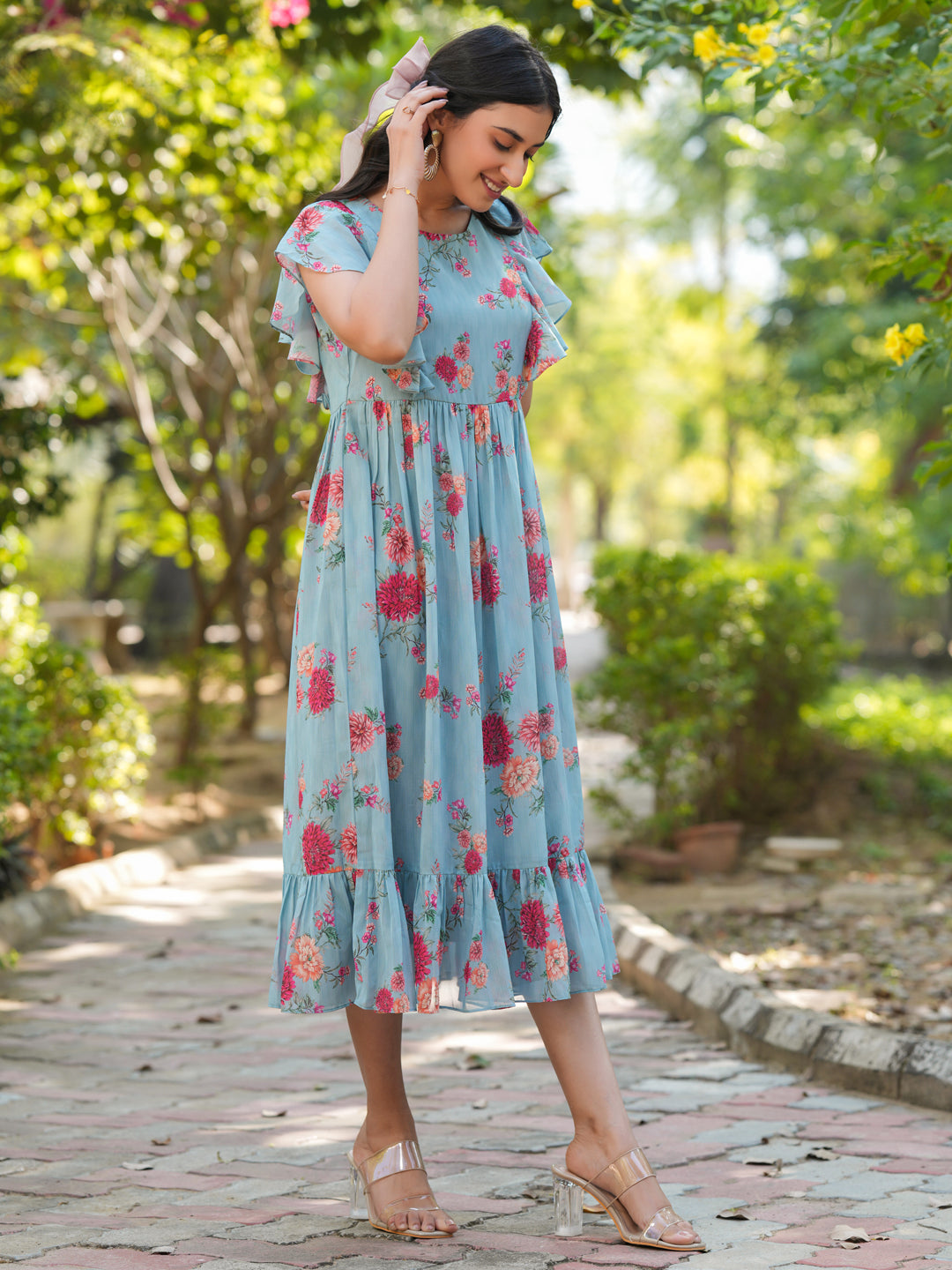 Janasya Bright Georgette Floral Tiered Dress