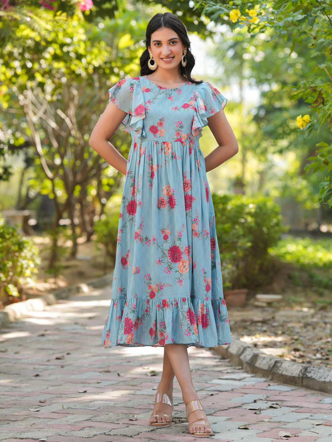 Janasya Bright Georgette Floral Tiered Dress
