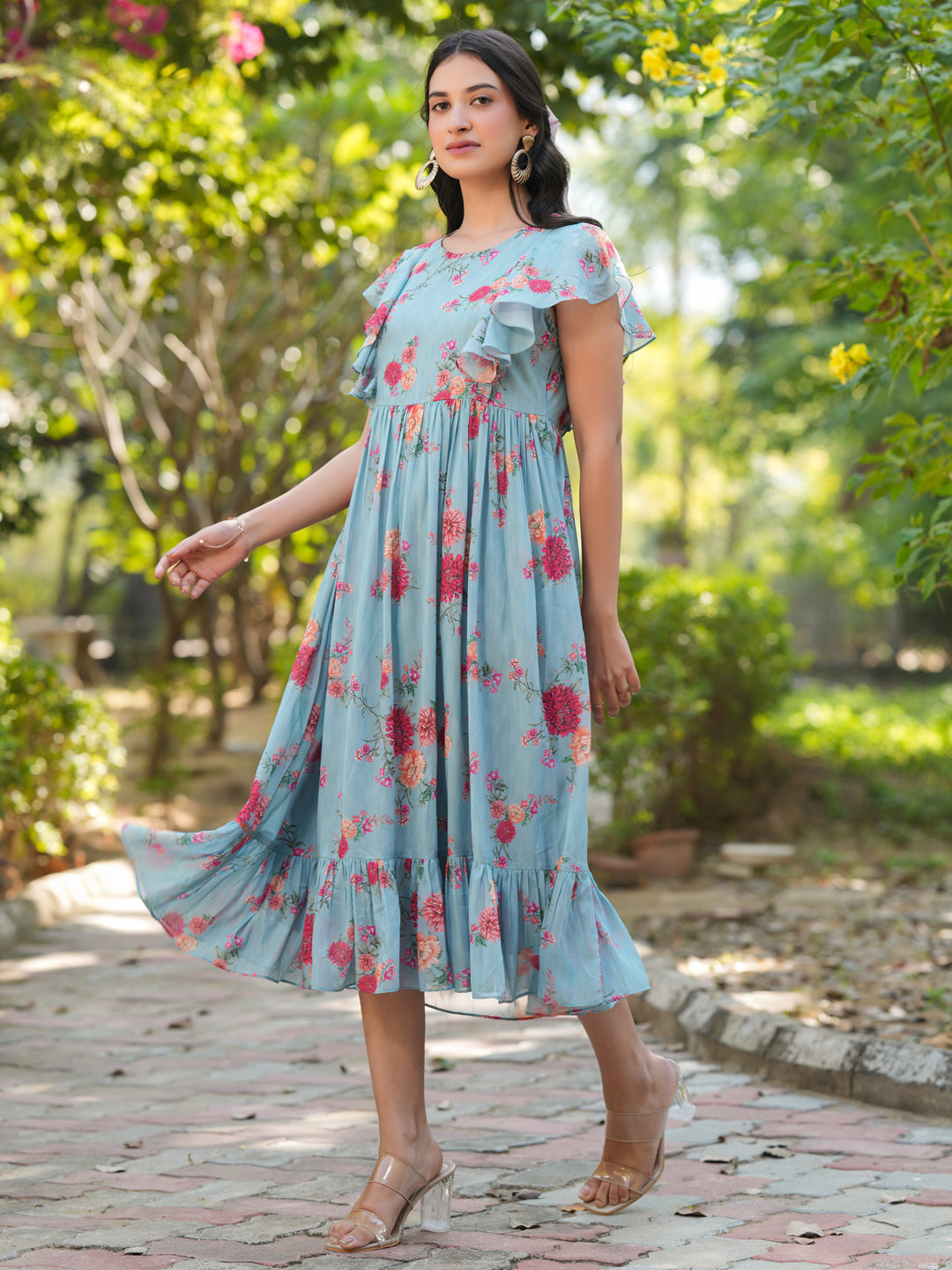 Janasya Bright Georgette Floral Tiered Dress