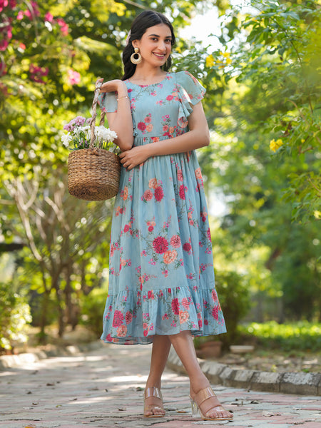 Janasya Bright Georgette Floral Tiered Dress