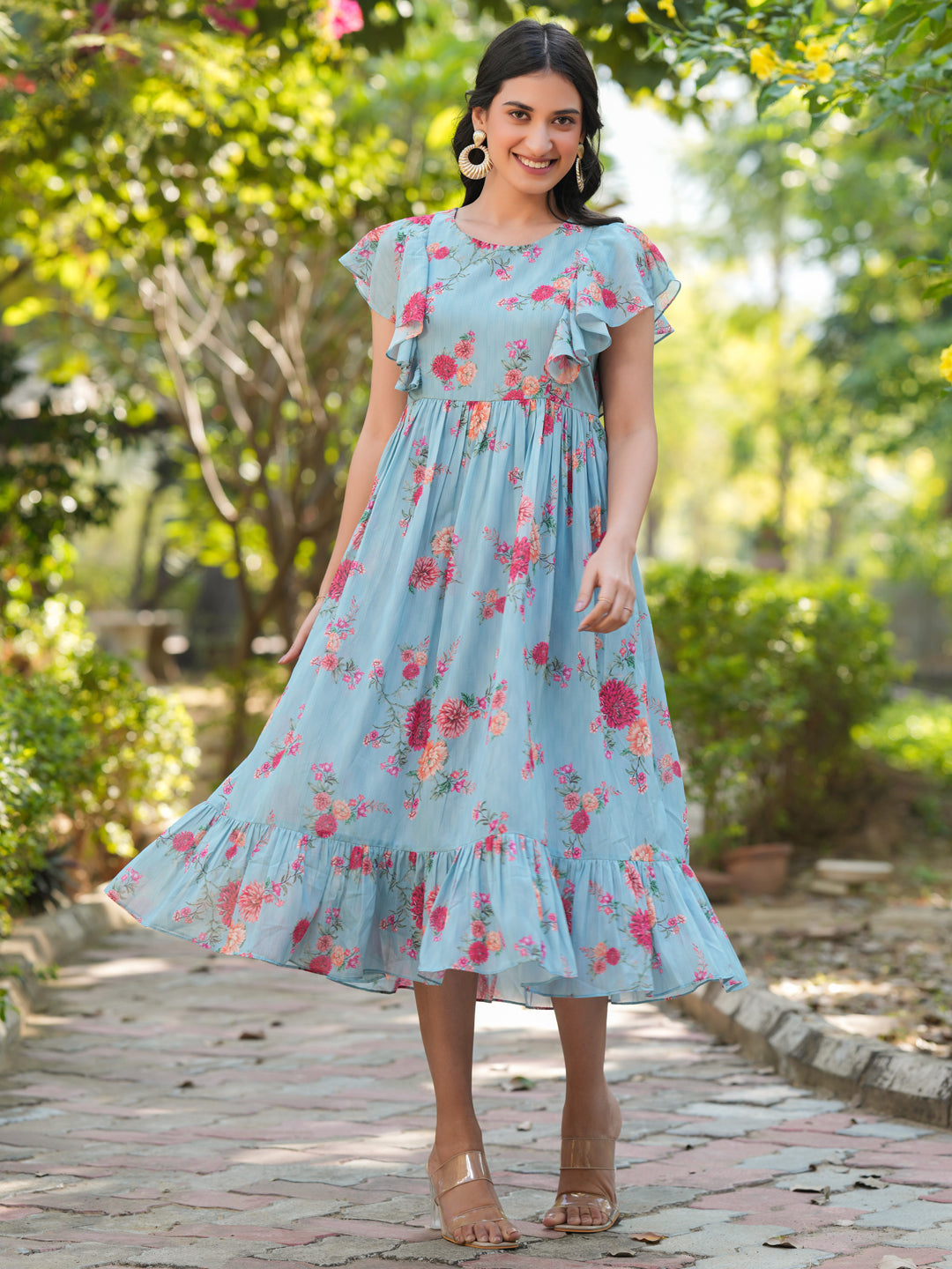 Janasya Bright Georgette Floral Tiered Dress