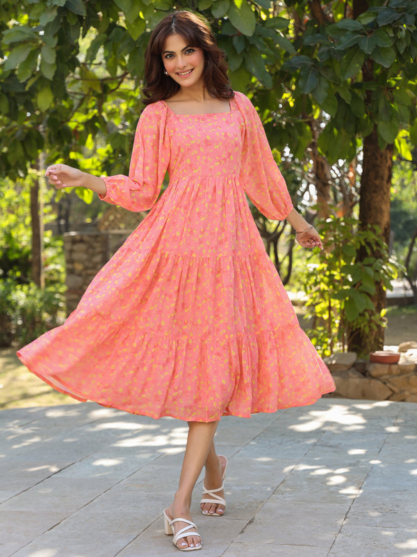 Janasya Light Georgette Floral Tiered Dress