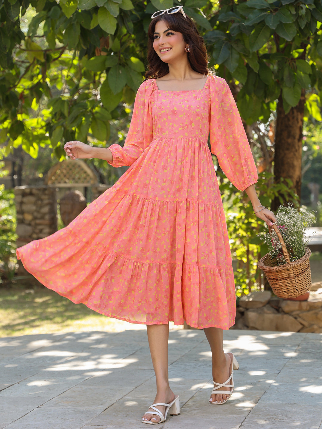 Janasya Light Georgette Floral Tiered Dress