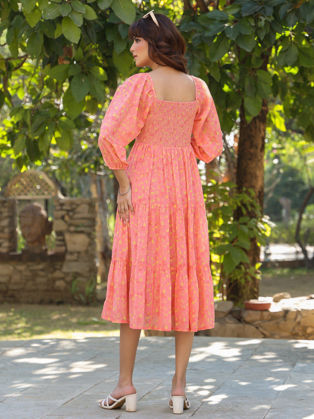 Janasya Light Georgette Floral Tiered Dress