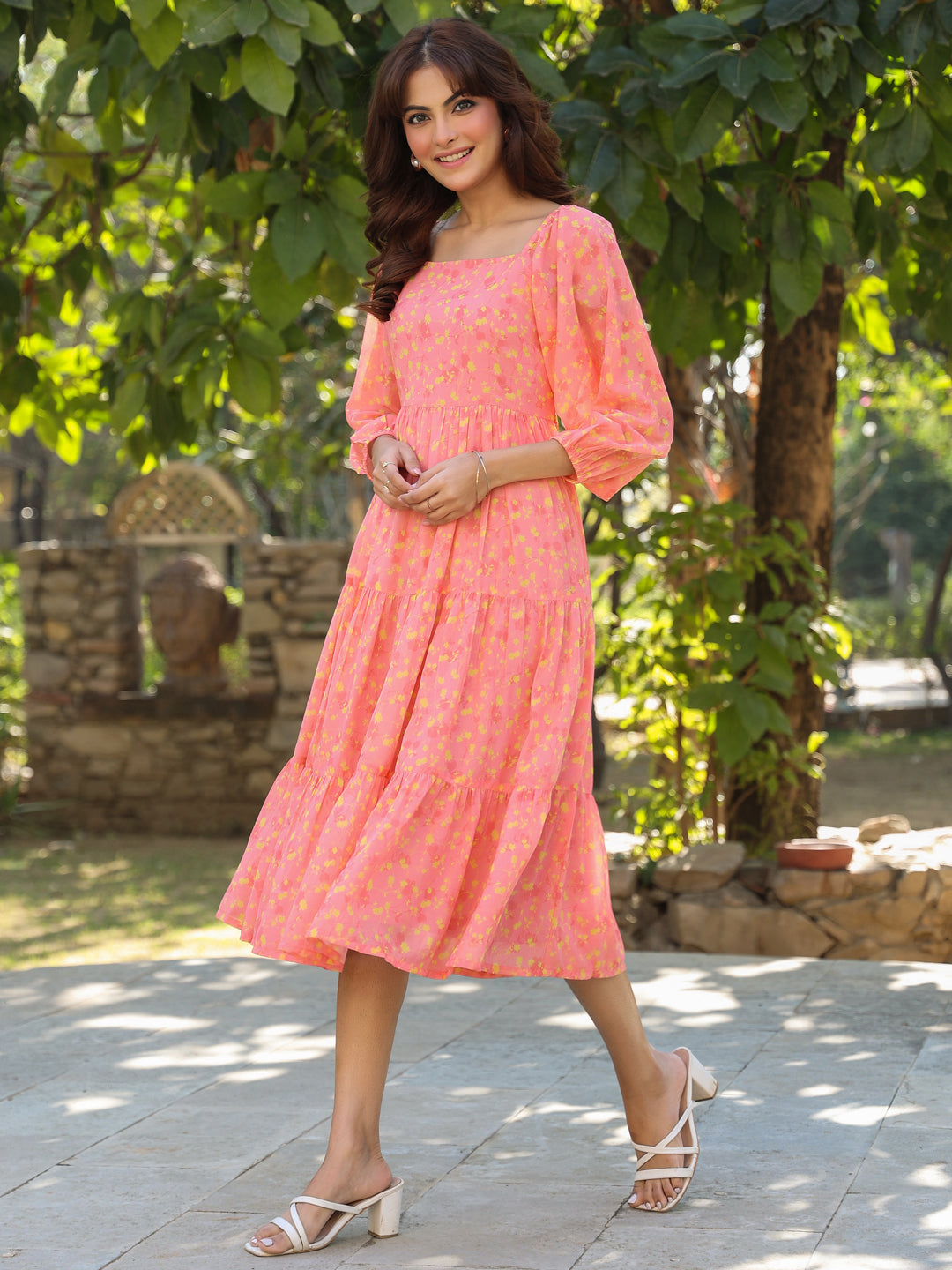 Janasya Light Georgette Floral Tiered Dress