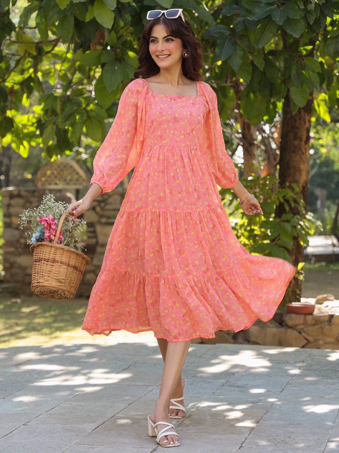 Janasya Light Georgette Floral Tiered Dress