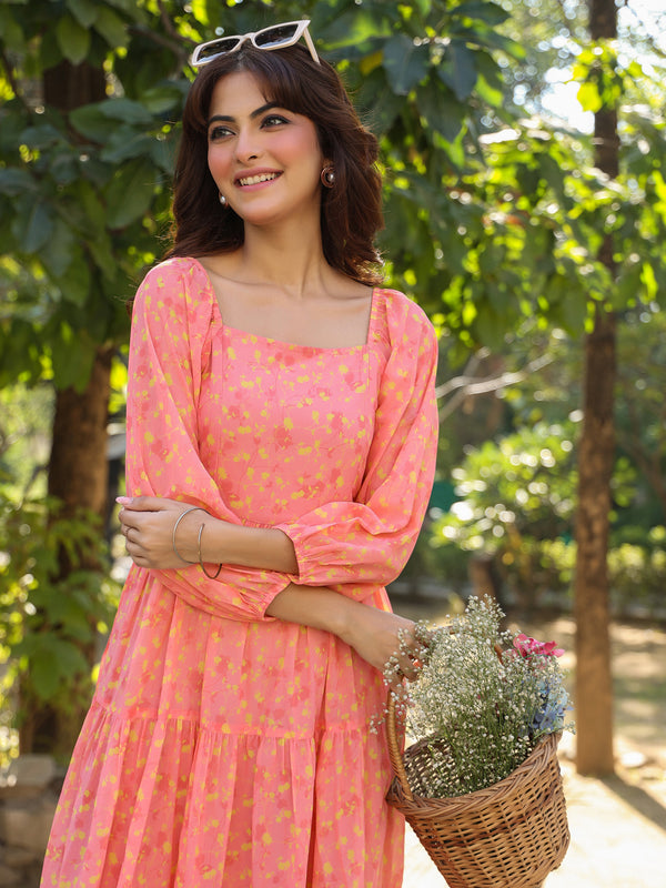 Janasya Light Georgette Floral Tiered Dress