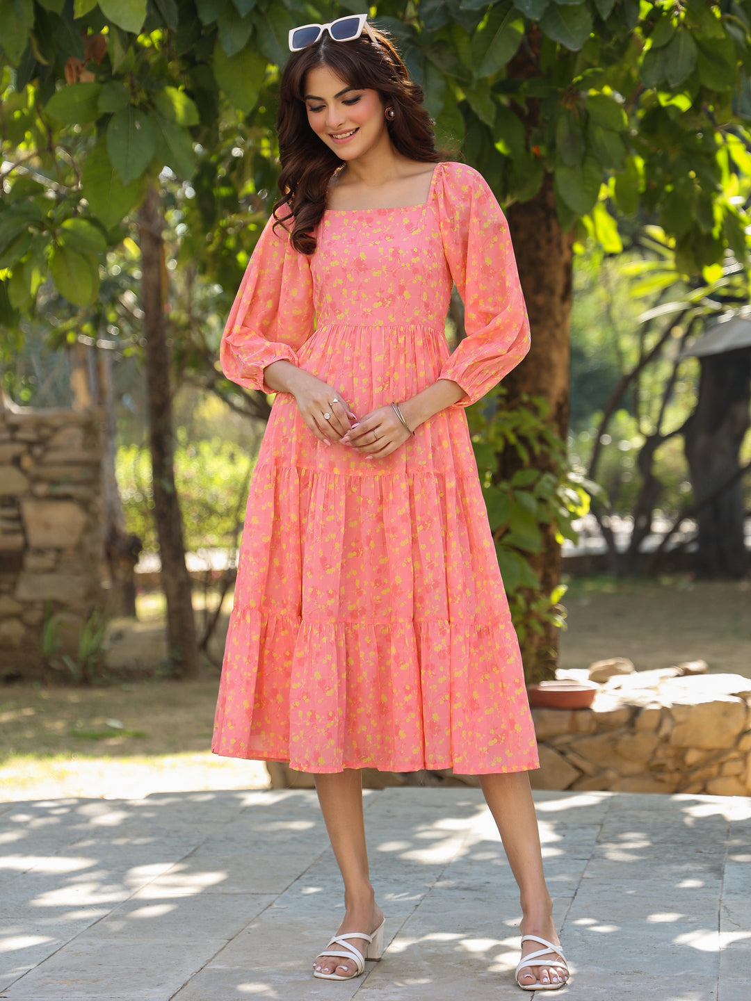 Janasya Light Georgette Floral Tiered Dress