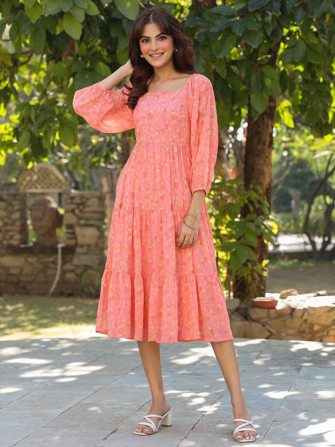 Janasya Light Georgette Floral Tiered Dress