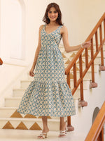 Thumbnail for Janasya Light Cotton Ethnic Motifs Tiered Dress