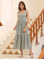 Thumbnail for Janasya Light Cotton Ethnic Motifs Tiered Dress