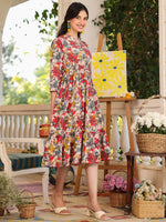 Thumbnail for Janasya Dark Cotton Floral Tiered Dress