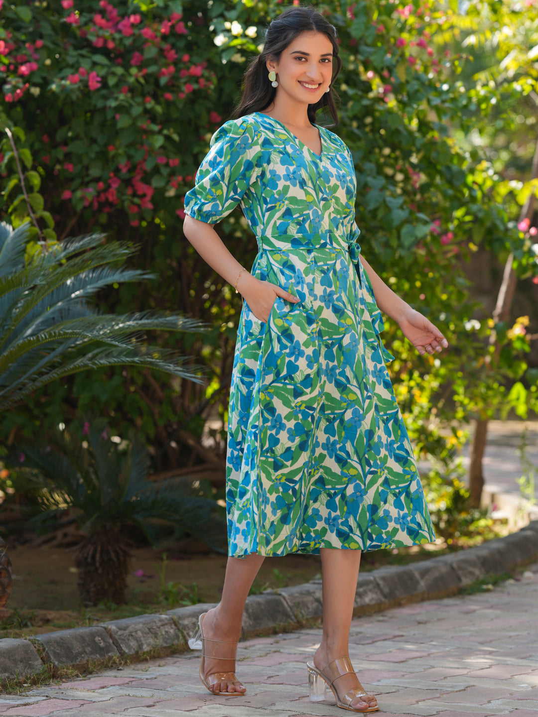 Janasya Bright Cotton Floral Fit & Flare Dress