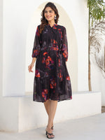 Thumbnail for Janasya Dark Georgette Floral Tiered Dress