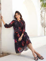 Thumbnail for Janasya Dark Georgette Floral Tiered Dress