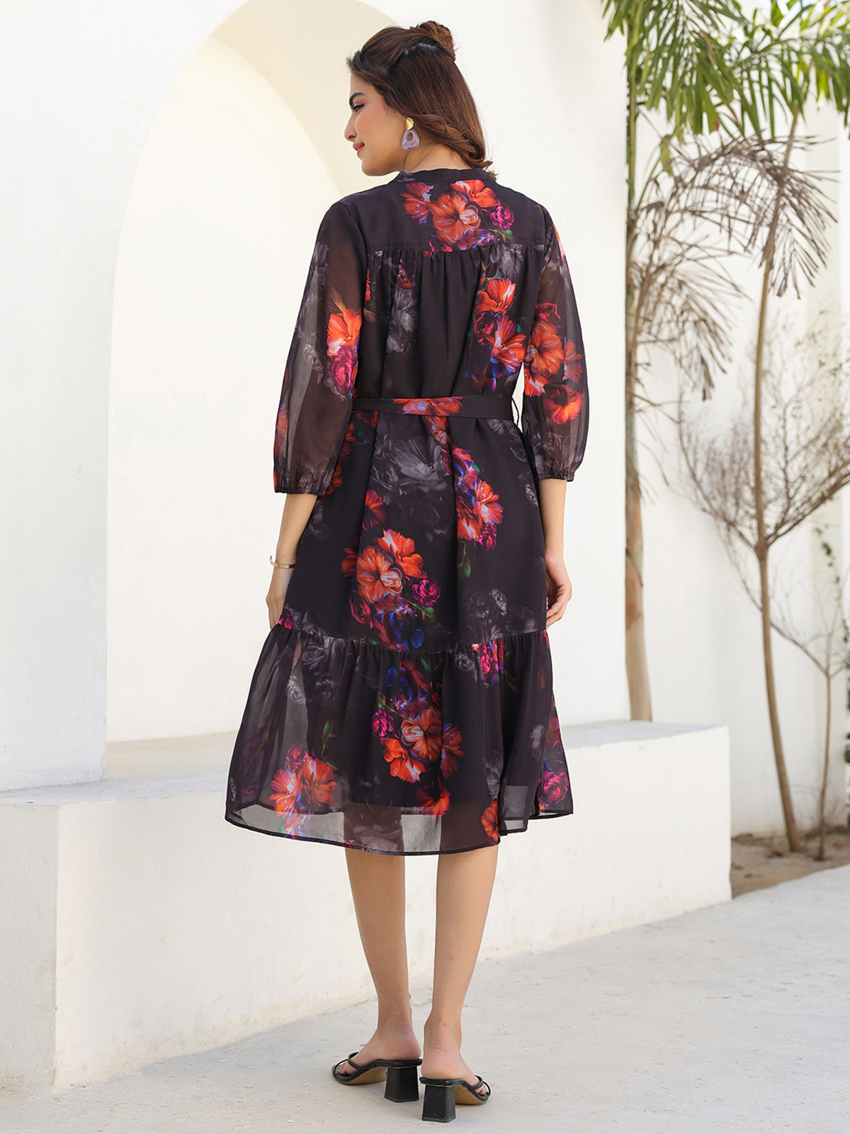 Janasya Dark Georgette Floral Tiered Dress
