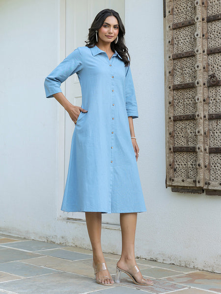 Janasya Light Cotton Solid A-Line Dress