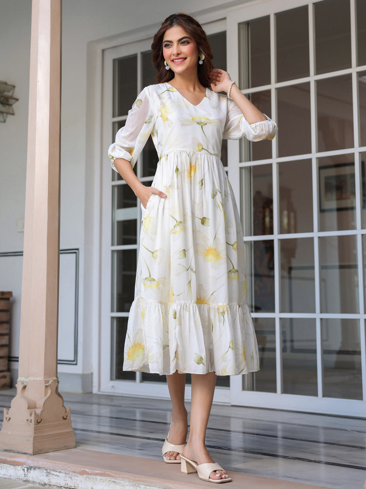 Janasya Light Georgette Floral Tiered Dress